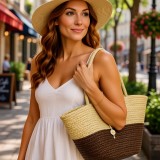 Straw Tote: Woven Wheat Straw Tote - 2 Tones - Brown - BG-R11053BN 